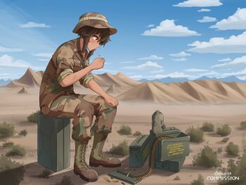 Rule 34 | 1girl, alvin art15, ammunition belt, ammunition box, blue sky, boonie hat, brown hair, camouflage, cloud, commentary, commission, desert, english commentary, from side, full body, highres, holding, holding lighter, jerry can, lighter, lighting cigarette, military uniform, mouth hold, original, sitting, sitting on object, sky, solo, united states army, yellow eyes