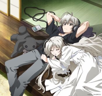 Rule 34 | 1boy, 1girl, brother and sister, brown eyes, commentary request, dress, grey hair, headphones, kasugano haruka, kasugano sora, mp3 player, official art, siblings, sleeping, smile, stuffed animal, stuffed rabbit, stuffed toy, white dress, yosuga no sora