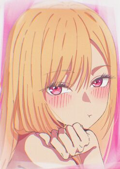 1girl absurdres bare_shoulders blonde_hair blush close-up ganetto29 highres kitagawa_marin long_hair pink_background pout red_eyes solo sono_bisque_doll_wa_koi_wo_suru