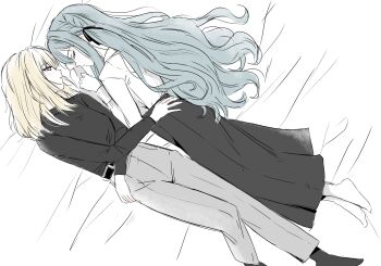 Rule 34 | 2girls, absurdres, bang dream!, bang dream! it's mygo!!!!!, black ribbon, black shirt, black skirt, black socks, blonde hair, blue hair, closed eyes, closed mouth, commentary, grey pants, hair ribbon, hand on another's waist, hashtag-only commentary, highres, long hair, miomujica, misumi uika, multiple girls, pants, parted lips, purple eyes, ribbon, shirt, skirt, sleeping, socks, togawa sakiko, two side up, white shirt, yuri