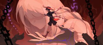 1boy absurdres black_shorts chain chinese_commentary clenched_teeth electro_symbol_(genshin_impact) faceless faceless_female fire from_side genshin_impact hat head_tilt highres holding holding_mini_person in_palm japanese_clothes leaning_forward looking_ahead mini_person miniboy mitsudomoe_(shape) mother_and_son nanxing_buye nervous no_eyes no_mouth puppet_strings purple_eyes purple_hair raiden_shogun red_background running scaramouche_(genshin_impact) scared shaded_face short_hair short_sleeves shorts size_difference solo standing statue teeth tomoe_(symbol)