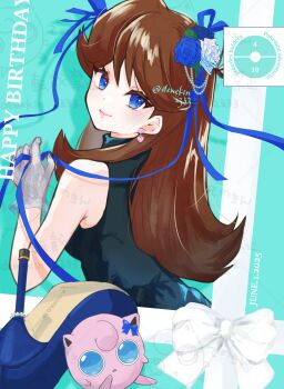 1girl absurdres black_dress blue_eyes breasts brown_hair closed_mouth demekin2333 dress earrings flower gen_1_pokemon gloves green_(pokemon) hair_flower hair_ornament hair_ribbon highres jewelry jigglypuff long_hair looking_at_viewer looking_back nintendo pokemon pokemon_(creature) pokemon_adventures ribbon sleeveless sleeveless_dress smile upper_body white_gloves