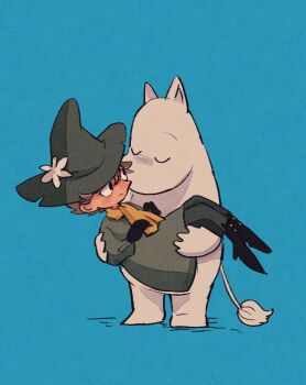 1boy 1other amazou blue_background carrying coat green_coat green_hat hat moomin moomintroll princess_carry scarf simple_background snufkin wizard_hat yellow_scarf