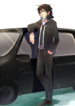 1boy car casual cigarette irono_(irtyu) male_focus master motor_vehicle necktie short_hair smoking solo vocaloid