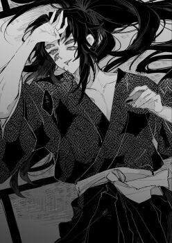 1boy collarbone colored_sclera extra_ears hakama hand_up high_ponytail highres holding indoors japanese_clothes kimetsu_no_yaiba kimono kokushibou kurokizan0225 long_hair looking_at_viewer lying male_focus parted_lips ponytail print_kimono solo speech_bubble spiked_hair teeth tongue tongue_out translation_request upper_teeth_only very_long_hair