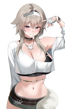 1girl arm_behind_back arm_up armpits bare_shoulders bead_belt beads belt black_bra black_choker black_nails blue_eyes bra bracelet breasts brown_hair choker cleavage collarbone cowboy_shot crop_top crop_top_overhang earpiece feather_boa fingerless_gloves gloves goddess_of_victory:_nikke grey_shorts grin hair_flaps hairband highres jewelry large_breasts long_hair long_sleeves looking_at_viewer micro_shorts midriff mole mole_on_stomach mole_under_eye multiple_belts nail_polish navel necklace prika_(nikke) shirt short_shorts shorts single_bare_shoulder single_off_shoulder smile solo stomach undershirt underwear white_gloves white_shirt ziroqon