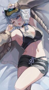 1girl absurdres ahoge animal_ears arm_up black_bra black_panties black_shorts blue_eyes blush bra breasts cat_ears cat_girl cat_tail cipher_(honkai:_star_rail) cleavage commentary_request fingernails grey_hair hair_between_eyes highres honkai:_star_rail honkai_(series) long_hair medium_breasts nail_polish navel one_eye_closed open_mouth panties parika short_shorts shorts sleep_mask stomach tail underwear yellow_nails