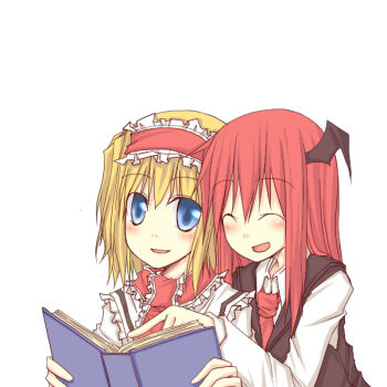 2girls ^_^ alice_margatroid bat_wings blonde_hair blue_eyes book closed_eyes closed_eyes female_focus hairband head_wings koakuma long_hair multiple_girls natsuk open_book pointing reading red_hair sharing short_hair smile touhou wings