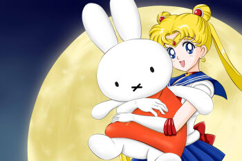 1girl bishoujo_senshi_sailor_moon blonde_hair blue_eyes blue_skirt blush bow choker crescent crescent_choker crescent_earrings double_bun earrings gloves hair_bun hair_ornament holding holding_stuffed_toy hug jewelry leotard long_hair looking_at_viewer miffy_(character) moon night open_mouth rabbit red_bow sa-bo sailor_moon skirt sky smile standing stuffed_animal stuffed_rabbit stuffed_toy tiara tsukino_usagi twintails waist_bow white_gloves white_leotard