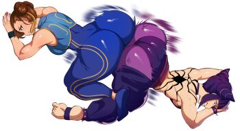 2girls action_lines artist_request ass ass-to-ass ass_focus ass_press ass_shake back breasts brown_hair capcom chun-li embarrassed feet hair_bun hair_horns han_juri hanging_breasts highres huge_ass kneeling large_breasts looking_back multiple_girls nervous official_alternate_costume pants purple_hair shybred smile socks soles street_fighter street_fighter_6 street_fighter_alpha teeth toeless_legwear twerking white_background