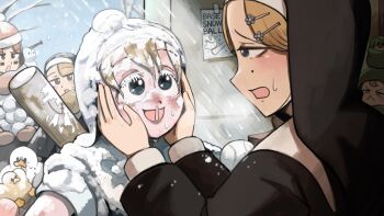 Rule 34 | 5girls, :d, baseball bat, bird, blonde hair, blue eyes, brown hair, chicken, clumsy nun (diva), commentary, diva (hyxpk), duck, english commentary, froggy nun (diva), frostbite, hat, highres, hungry nun (diva), little nuns (diva), mittens, mole, mole on cheek, multiple girls, note, nun, open mouth, red hat, red mittens, smile, snot, snow, snowball, spicy nun (diva), strict nun (diva), traditional nun, worried, yellow eyes