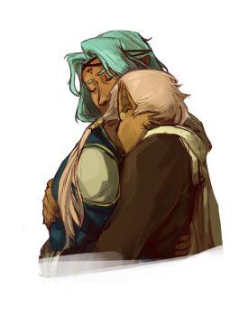 1boy 1girl blue_hair closed_eyes commentary_request cropped_torso dark-skinned_female dark-skinned_male dark_skin ena_(fire_emblem) facial_mark fire_emblem fire_emblem:_path_of_radiance forehead_mark grandfather_and_granddaughter hug long_hair nasir_(fire_emblem) nintendo pink_hair pointy_ears ponytail sahrnia