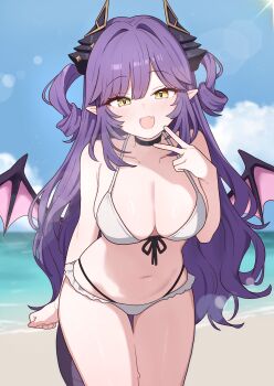 1girl absurdres bare_arms bare_shoulders beach bikini black_choker breasts choker cleavage collarbone commentary_request cowboy_shot dragon_girl dragon_horns dragon_tail dragon_wings fang front-tie_bikini_top front-tie_top halterneck hand_up highres horns korean_commentary large_breasts long_hair looking_at_viewer navel open_mouth pointy_ears purple_hair saho_4545 sakihane_huya smile solo stellive stomach string_bikini swimsuit tail thigh_gap thighs two_side_up v very_long_hair virtual_youtuber white_bikini wings yellow_eyes