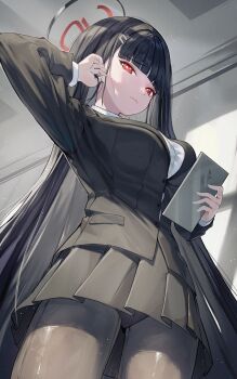 1girl absurdres black_hair black_halo black_panties black_pantyhose black_vest blue_archive breasts commentary halo highres holding holding_tablet_pc indoors large_breasts long_hair panties panties_under_pantyhose pantyhose red_eyes rio_(blue_archive) shirt solo tablet_pc underwear upskirt very_long_hair vest wakum white_shirt