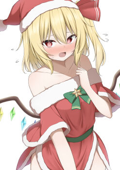 1girl @_@ absurdres alternate_costume bare_shoulders belt blonde_hair blush bow breasts christmas clenched_hand collarbone commentary_request cowboy_shot crystal crystal_wings dress dress_bow embarrassed eyelashes eyes_visible_through_hair fang flandre_scarlet flying_sweatdrops fur-trimmed_dress fur-trimmed_headwear fur-trimmed_sleeves fur_trim furrowed_brow green_belt green_bow hair_between_eyes hair_bow hand_up hat highres looking_at_viewer medium_hair nose_blush off-shoulder_dress off_shoulder one_side_up open_mouth paid_reward_available red_bow red_dress red_eyes red_hat santa_costume santa_dress santa_hat short_dress short_sleeves sidelocks simple_background small_breasts solo star_ornament sweatdrop szl touhou tsurime variant_set white_background wide_sleeves wings