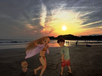 1boy 1girl artist_self-insert beach bikini black_eyes black_hair blonde_hair blush commentary_request creature fang flat_chest fujihara_(haguhagu) haguhagu_(rinjuu_circus) highres horizon long_hair looking_at_viewer ocean open_clothes open_mouth open_shirt original photo_background sasha_(haguhagu) sky smile sun sunset swimsuit twilight v water wind