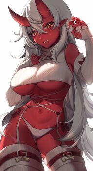 1girl akumi_(yoclesh) belt breasts colored_skin crop_top crossed_bangs detached_sleeves fingernails hair_between_eyes highres horns indie_virtual_youtuber large_breasts long_hair looking_at_viewer nail_polish navel oni red_belt red_horns red_nails red_skin simple_background solo standing sweater thighhighs turtleneck turtleneck_sweater underboob virtual_youtuber white_background white_hair white_sleeves white_sweater white_thighhighs yoclesh