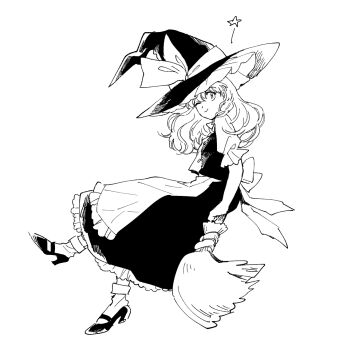 Rule 34 | 1girl, apron, back bow, bow, braid, broom, broom riding, buttons, commentary request, frilled apron, frills, from side, full body, greyscale, hair bow, hat, hat bow, high heels, kirisame marisa, long hair, monochrome, natsume (menthol), one eye closed, petticoat, puffy short sleeves, puffy sleeves, shirt, shoes, short sleeves, single braid, smile, socks, solo, star (symbol), touhou, vest, white background, witch hat