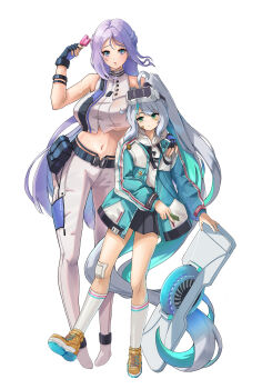 Rule 34 | 2girls, absurdres, ahoge, bandaid, bandaid on cheek, bandaid on face, bare shoulders, belt, belt pouch, black gloves, black skirt, bracelet, braid, breasts, crop top, cropped shirt, crown braid, epinel (nikke), fingerless gloves, folkwang (nikke), food, full body, gloves, goddess of victory: nikke, green eyes, green jacket, grey hair, hand on another's shoulder, head-mounted display, highres, holding, holding food, holding popsicle, holding skateboard, hood, hood down, hoodie, jacket, jewelry, large breasts, long hair, looking at viewer, multicolored hair, multiple girls, navel, open clothes, pants, parted lips, pleated skirt, ponytail, popsicle, pouch, purple eyes, purple gloves, purple hair, shirt, shoes, shouyou (egcr8334), sidelocks, simple background, skateboard, skirt, sleeveless, sleeveless shirt, sneakers, socks, standing, stomach, sweat, two-tone gloves, two-tone hair, underboob, white background, white footwear, white hoodie, white pants, white socks, yellow shoes