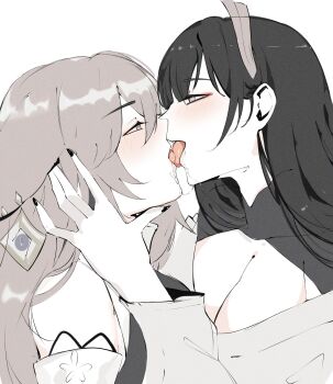 2girls absurdres arnkun black_nails blush breasts cleavage commentary french_kiss genshin_impact greyscale hair_ornament hand_on_another's_head highres kiss looking_at_another monochrome multiple_girls nail_polish raiden_shogun saliva spot_color tongue tongue_out yae_miko yuri