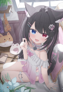 1girl absurdres animal_ears bare_shoulders black_hair blue_eyes blush breasts cat_ears cat_girl cat_tail colored_inner_hair commentary_request commission couch detached_collar frilled_nightgown hair_ornament hairclip heterochromia highres indoors kabomeel_lse long_hair looking_at_viewer multicolored_hair nightgown on_couch open_mouth original panties pink_hair pink_nightgown red_eyes ribbon side_slit sitting skeb_commission small_breasts smile solo stuffed_toy tail tail_ornament tail_ribbon thigh_strap two-tone_hair underwear white_nightgown white_panties window
