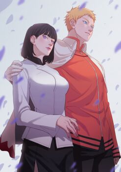 1boy 1girl absurdres arm_around_shoulder bandaged_arm bandages black_hair black_pants black_skirt blonde_hair blue_eyes boruto:_naruto_next_generations breasts collared_cape commentary_request facial_mark from_below highres husband_and_wife hyuuga_hinata jacket korean_commentary male_focus medium_breasts medium_hair naruto_(series) negeotibeu_dungji orange_jacket pants purple_eyes side_slit skirt uzumaki_naruto whisker_markings white_jacket