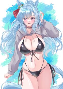 Rule 34 | 1girl, :d, animal ears, aqua hair, arm up, bikini, black bikini, black choker, braid, breasts, choker, cleavage, commentary request, cowboy shot, crown braid, ear ornament, front-tie bikini top, front-tie top, grey shrug, highres, horse ears, horse girl, horse tail, kentan (kingtaiki), large breasts, long hair, long sleeves, looking at viewer, mejiro ardan (umamusume), multi-strapped bikini bottom, navel, open mouth, purple eyes, shrug (clothing), side-tie bikini bottom, smile, solo, swimsuit, tail, umamusume