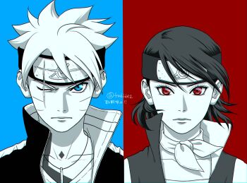 bandana bandana_around_neck blue_background blue_eyes boruto:_naruto_next_generations collarbone commentary expressionless facial_mark forehead_protector greyscale_with_colored_background headband highres jewelry konohagakure_symbol mangekyou_sharingan matsu_(fu6ide2) medium_hair naruto_(series) necklace one_eye_closed red_background red_eyes scar scar_across_eye scar_on_face serious sharingan split_screen spot_color symbol-only_commentary twitter_username uchiha_sarada uzumaki_boruto whisker_markings