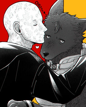 1boy animal animalization bald closed_eyes commentary_request deadpool deadpool_&amp;_wolverine deadpool_(series) doghooouse heart highres hood hood_down kiss kissing_animal long_sleeves male_focus marvel marvel muscular red_background scar scars_all_over too_many two-tone_background wolf wolverine_(x-men) x-men yellow_background