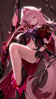 1girl absurdres ai_dongdong arm_up bare_legs bare_shoulders belly black_choker black_gloves black_pantyhose black_shorts bright_pupils chain choker cross gloves hair_ornament hair_ribbon highres holding holding_string holding_weapon honkai_(series) honkai_impact_3rd jacket knee_up light_particles long_hair long_sleeves looking_at_viewer navel pantyhose purple_eyes red_jacket red_ribbon ribbon second-party_source shorts simple_background single_leg_pantyhose smile solo string thelema_nutriscu thelema_nutriscu_(mad_pleasure:_shadowbringer) tongue tongue_out very_long_hair weapon white_hair white_pupils