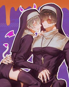 2bnerikeshi 2boys alternate_costume bite_mark black_dress black_thighhighs blush commentary_request cross cross_necklace crossdressing crossdressing_(mtf) demon_horns demon_tail demon_wings detached_horns dress eye_contact from_side garter_straps green_hair grey_hair guimpe hair_between_eyes hair_over_one_eye hand_on_another&#039;s_back hand_on_another&#039;s_stomach highres horns jewelry latin_cross lighter_(zenless_zone_zero) long_dress looking_at_another male_focus multiple_boys necklace nun orange_background parted_lips purple_background purple_horns purple_tail purple_wings short_hair sitting sitting_on_lap sitting_on_person sparkle sunglasses sweat tail thighhighs tongue tongue_out two-tone_background veil wimple wings wise_(zenless_zone_zero) yaoi zenless_zone_zero