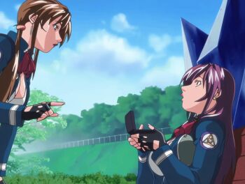 00s 2007 2girls animated animated_gif anime_screenshot aqua_eyes bench bible_black bible_black_new_testament black_thighhighs blazer bouncing_breasts bow bowtie breasts brown_hair cleavage cleavage_cutout closed_eyes clothing_cutout computer dark_thighhighs earrings female_focus fingerless_gloves gloves green_eyes hand_on_own_hip ichikawa_aki imari_kurumi jacket jewelry laptop large_breasts lipstick long_coat long_hair makeup miniskirt multiple_girls park patch purple_hair shin_bible_black shoes shoulder_patch side_ponytail sidelocks sitting skirt sky sleeping smile solo surprised tagme thighhighs tokken_division