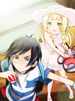 1boy 1girl bag black_hair blonde_hair braid dress duffel_bag elio_(pokemon) green_eyes hat holding holding_poke_ball lillie_(pokemon) long_hair nintendo open_mouth poke_ball poke_ball_(basic) pokemon pokemon_sm ric_(aceradio) shirt short_hair sleeveless sleeveless_dress stairs striped_clothes striped_shirt sun_hat twin_braids white_dress white_hat