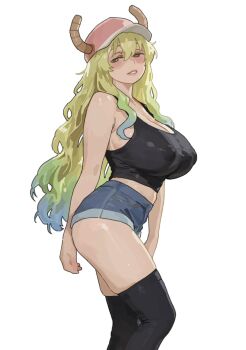1girl bare_shoulders baseball_cap blonde_hair breasts commentary_request crop_top denim denim_shorts dragon_girl dragon_horns gradient_hair green_hair h4sh1rnoto hat highres horns horns_through_headwear huge_breasts kobayashi-san_chi_no_maidragon long_hair looking_at_viewer lucoa_(maidragon) multicolored_hair open_mouth shorts smile solo thighhighs
