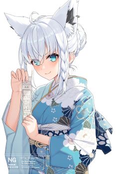 Rule 34 | 1girl, absurdres, ahoge, animal ear fluff, animal ear piercing, aqua eyes, blue kimono, blue sash, braid, bun with braided base, closed mouth, commentary request, floral print, floral print kimono, fox girl, furisode, hair between eyes, hair bun, highres, holding, holding omikuji, hololive, japanese clothes, kimono, looking at viewer, obi, omikuji, print kimono, sash, shirakami fubuki, side braid, simple background, single hair bun, smile, solo, ta shiuji30, upper body, virtual youtuber, white background, white hair, wide sleeves