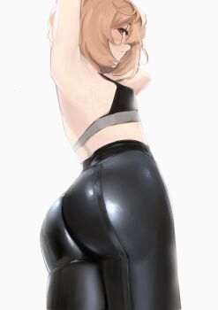 Rule 34 | 1girl, arms up, ass, ass focus, back, black pants, breasts, brown eyes, brown hair, clio aite, flat chest, hair between eyes, highres, huge ass, leather, leather pants, looking back, pants, phase connect, pupi (rain prophet), scar, scar across eye, scar on face, short hair, small breasts, solo, sports bra, tight clothes, tight pants, virtual youtuber, white background