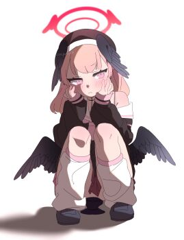 1girl backlighting bad_id bad_twitter_id beret black_footwear black_hat black_wings blue_archive closed_mouth dildo dildo_reveal dildo_riding feathered_wings female_masturbation futapi hands_on_own_cheeks hands_on_own_face hat head_wings highres huge_dildo koharu_(blue_archive) leg_warmers loli long_sleeves low_twintails low_wings masturbation neckerchief no_panties off_shoulder pink_eyes pink_hair pink_neckerchief pink_skirt pleated_skirt sailor_collar school_uniform serafuku sex_toy shadow simple_background sitting_on_dildo skirt solo squatting stealth_masturbation twintails twitter_username white_background white_sailor_collar winged_hat wings