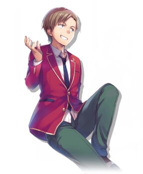 1boy advanced_nurturing_high_school_uniform black_necktie blazer brown_hair collared_shirt green_pants grin hand_up highres ike_kanji jacket knee_up long_sleeves male_focus necktie official_art pants red_jacket school_uniform shirt short_hair simple_background smile solo transparent_background white_shirt youkoso_jitsuryoku_shijou_shugi_no_kyoushitsu_e