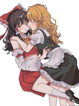2girls amatukimahoro apron ascot black_shoes black_skirt black_vest blonde_hair blush bow braid brown_hair closed_eyes commentary corrupted_twitter_file detached_sleeves frilled_bow frilled_hair_tubes frilled_skirt frills hair_bow hair_tubes hakurei_reimu highres kirisame_marisa long_hair mary_janes multiple_girls no_headwear open_mouth puffy_short_sleeves puffy_sleeves red_bow red_eyes red_skirt ribbon-trimmed_sleeves ribbon_trim shoes short_sleeves side_braid single_braid skirt skirt_set socks sweatdrop touhou twitter_username vest waist_apron watermark white_apron white_socks yellow_ascot yuri
