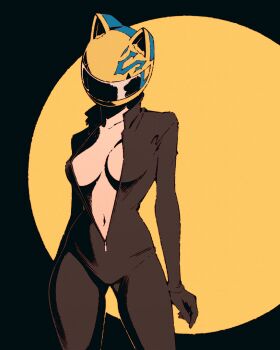 1girl animal_ear_helmet animal_ears_helmet animal_helmet arms_at_sides black_background black_bodysuit black_gloves blue_trim bodysuit breasts cat_helmet catsuit celty_sturluson collarbone commentary cowboy_shot durarara!! english_commentary face_shield facing_viewer flat_color gloves helmet high_collar high_contrast large_breasts midriff moshimoshibe motorcycle_helmet narrow_waist navel no_bra solo spotlight standing two-tone_background unzipped yellow_background yellow_helmet