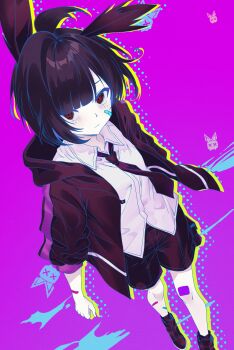 1boy absurdres animal_ears black_hair black_jacket black_necktie black_shoes black_shorts closed_mouth commentary commentary_request dutch_angle english_commentary foot_out_of_frame highres indie_virtual_youtuber jacket kurimako looking_at_viewer male_focus mixed-language_commentary necktie open_clothes open_jacket parted_bangs purple_background rabbit_boy rabbit_ears red_eyes shirt shoes short_hair shorts solo virtual_youtuber white_shirt yozora_mako