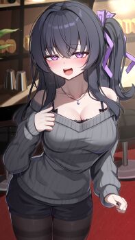 1girl :d absurdres akuame_(ring3922) bar_(place) bar_stool bare_shoulders black_bra black_hair black_nails black_pantyhose black_shorts blush bra breasts brown_pantyhose cleavage collarbone commentary_request commission cup grey_sweater hair_ribbon highres indoors jewelry large_breasts light_particles long_hair long_sleeves looking_at_viewer mole mole_under_eye nail_polish necklace off-shoulder_sweater off_shoulder one_side_up open_mouth original pantyhose pantyhose_under_shorts purple_eyes purple_ribbon ribbon short_shorts shorts skeb_commission smile solo stool sweater thighband_pantyhose underwear