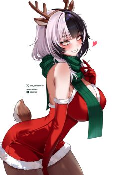 1girl :d antlers black_hair black_pantyhose breasts commentary deer_tail dress elbow_gloves fake_antlers fake_tail fur-trimmed_dress fur_trim gloves green_scarf grey_hair grin highres hololive hololive_english horns large_breasts long_hair looking_at_viewer multicolored_hair oioi_ainomo open_mouth pantyhose red_dress red_gloves reindeer_antlers santa_costume santa_dress scarf shiori_novella simple_background smile solo split-color_hair symbol-only_commentary tail two-tone_hair virtual_youtuber white_background yellow_eyes