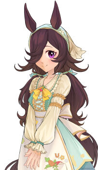 1girl absurdres animal_ears apron blush breasts brown_hair carrot_print closed_mouth food_print hair_over_one_eye headscarf highres horse_ears horse_girl horse_tail long_hair long_sleeves looking_at_viewer low_twintails nemophila_(artist) official_alternate_costume official_alternate_hairstyle purple_eyes rice_shower_(umamusume) rice_shower_(yummy_dreamy_fairy)_(umamusume) simple_background skirt smile solo tail twintails umamusume veil waist_apron white_apron white_background