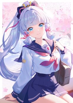 Rule 34 | 1girl, absurdres, ayaka (genshin impact), bag, blue eyes, blue hair, blue skirt, blush, closed mouth, dafu zhentan, genshin impact, hair between eyes, hair ornament, highres, long hair, neckerchief, ponytail, red neckerchief, school uniform, serafuku, shirt, shoulder bag, skirt, smile, solo, white serafuku, white shirt
