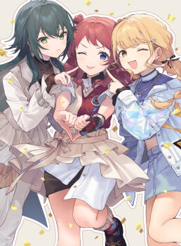 Rule 34 | 3girls, ;d, ;p, blonde hair, brown hair, commentary request, confetti, earrings, fang, finger to another's cheek, fingernails, fujita kotone, gakuen idolmaster, green hair, hajime (idolmaster), hanami saki, heart, heart earrings, heart hands, highres, idolmaster, jacket, jewelry, looking at viewer, multiple girls, nail polish, official alternate costume, one eye closed, open mouth, outline, panties, re;iris (idolmaster), shiidap, skin fang, smile, thumbs down, thumbs down heart hands, tongue, tongue out, tsukimura temari, two-tone sweater vest, underwear, white jacket, white outline, white panties, yellow nails