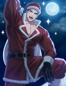 Rule 34 | 1boy, arm behind head, bara, belt, belt buckle, black belt, black gloves, black hair, blue eyes, bodybuilder, buckle, cloud, cloudy sky, collarbone, domo (domo kizusuki), fur-trimmed headwear, fur shoes, fur trim, gloves, hand on own thigh, hat, highres, holding, holding sack, kokado shido (domo), large pectorals, leg up, male focus, manly, moon, muscular, muscular arms, muscular male, night, open mouth, original, partially open shirt, pectoral cleavage, pectorals, sack, santa costume, santa hat, short hair, shredded muscles, sideburns, sky, smile, star (symbol), tareme, teeth, v-taper
