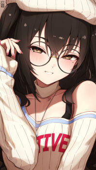 1girl bespectacled black-framed_eyewear blush collarbone commentary_request fingernails glasses hair_between_eyes hat highres idolmaster idolmaster_cinderella_girls jewelry long_hair long_sleeves looking_at_viewer mole mole_under_eye nail_polish nakata_(nkt_vvd) necklace ribbed_hat ribbed_shirt round_eyewear shirt single_bare_shoulder smile solo sunazuka_akira two_side_up upper_body white_hat white_shirt