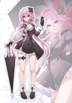 1girl absurdres black_boots black_gloves boots cellphone closed_mouth commentary_request dress evernight_(honkai:_star_rail) gloves hair_between_eyes hair_ornament hand_up highres holding holding_phone honkai:_star_rail honkai_(series) long_hair march_7th_(honkai:_star_rail) official_alternate_costume official_alternate_eye_color official_alternate_hair_length official_alternate_hairstyle phone pink_hair red_eyes single_bare_shoulder smartphone smile standing umbrella very_long_hair yukiunag1