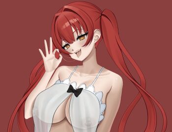 1girl babydoll blush breasts collarbone eyelashes fellatio_gesture female_focus indie_virtual_youtuber kaori_blaze large_breasts long_hair looking_at_viewer nagamma naughty_face nipples open_mouth oral_invitation red_hair saliva saliva_trail simple_background smile solo tongue tongue_out transparent twintails upper_body virtual_youtuber white_babydoll yellow_eyes